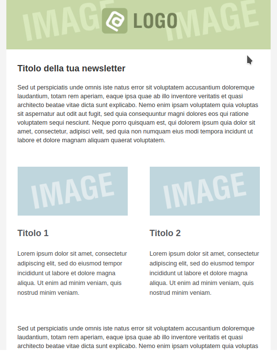 Esempio di newsletter con struttura base dotata di immagine principale, testo descrittivo e grafiche annesse
